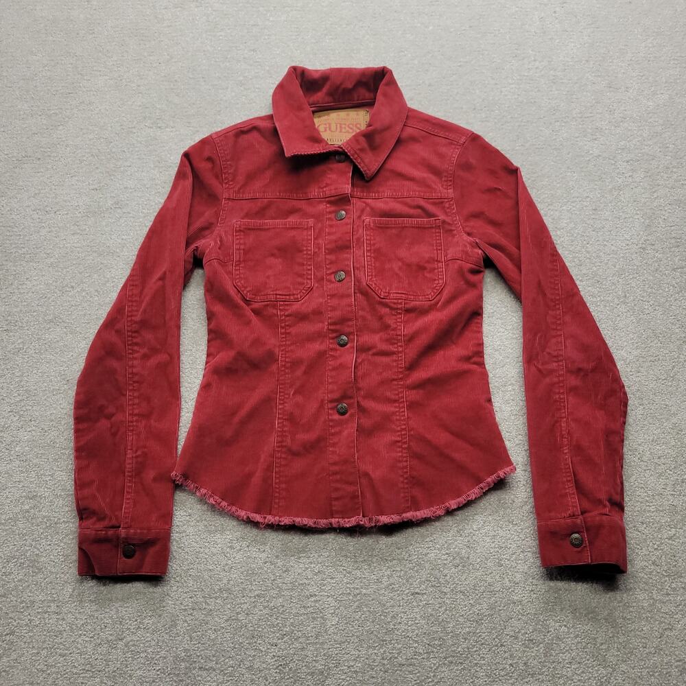 GUESS Womens Red Corduroy Denim Jacket Size M Button Front Frayed Hem Y2K